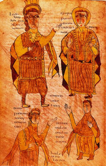 Bréviaire d'Alaric (Wisigoth) de 506, copie du IXe siècle, où l'on voit le roi, un évêque, un duc et un comte