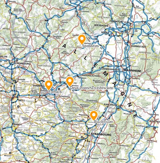 Carte de situation de Forbach, Deux-Ponts, Zweibrücken, Bischwiller et Sponheim