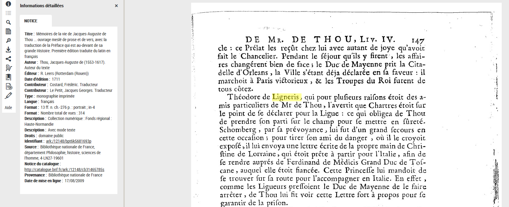 Mémoires de Jacques-Auguste de Thou, édition 1711, BNF 4-LN27-19601, p147_Theodore de Ligneris